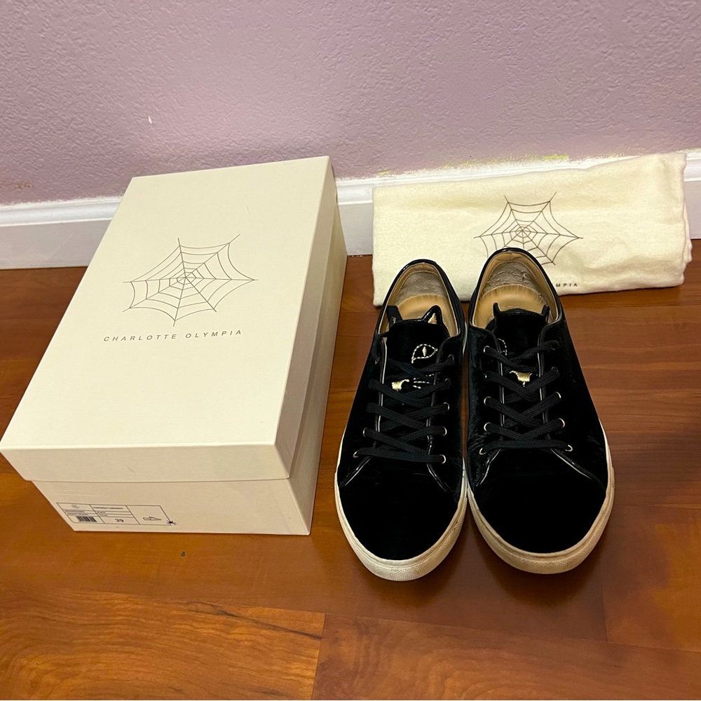 Charlotte Olympia Black Velvet Cat Shoe Tongue Sneakers